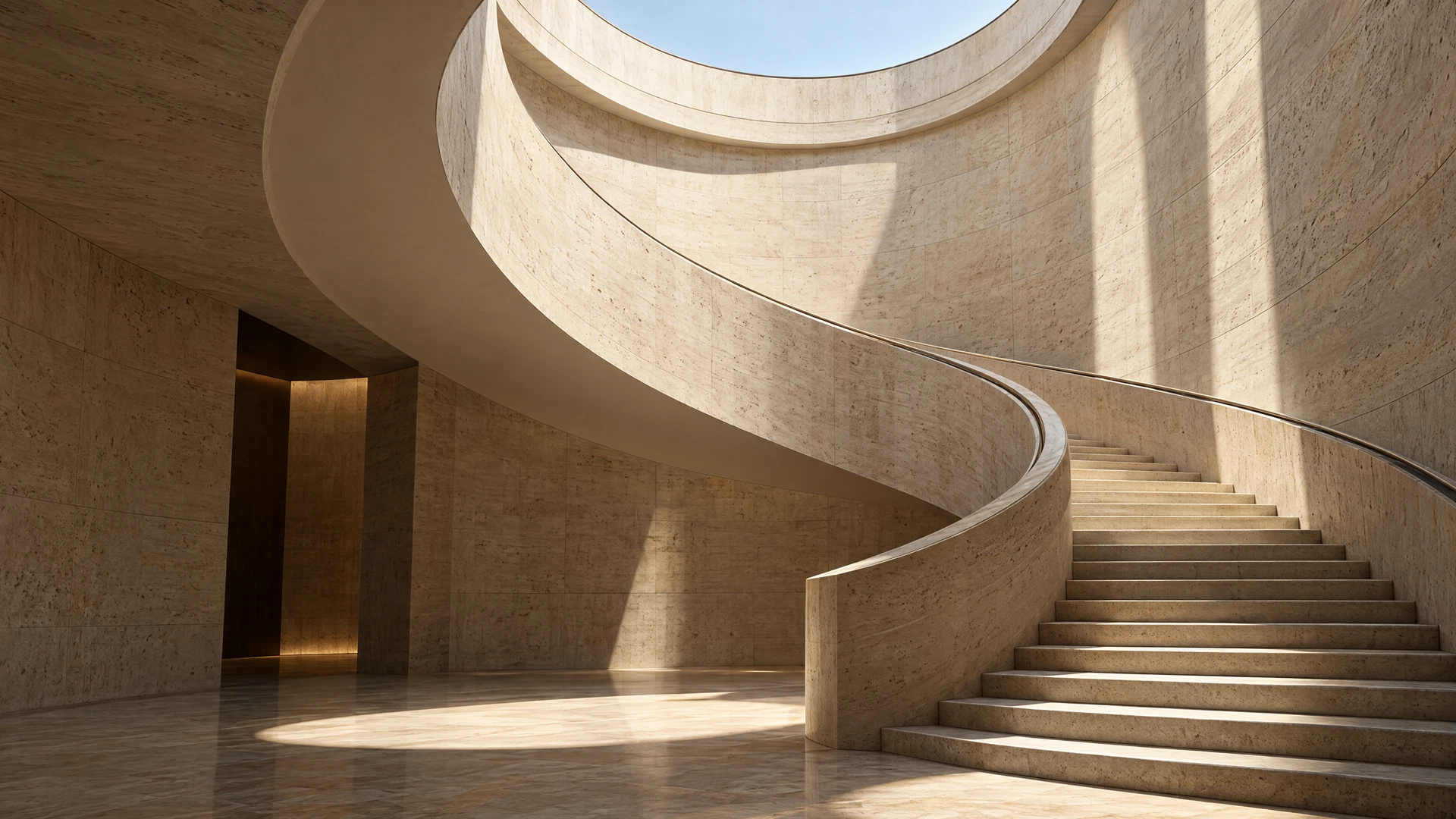 An ascending travertine staircase in a sculptural atrium